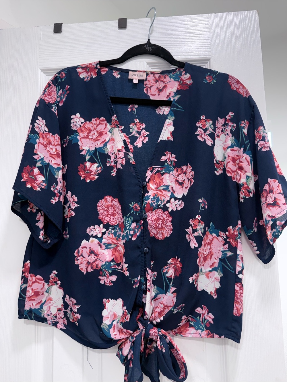 cezanne Navy Floral Tie-Front Blouse with Pink Blooms